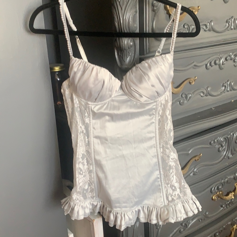 VS vintage pale grey satin feel pearl strap ruffle and lace corset
